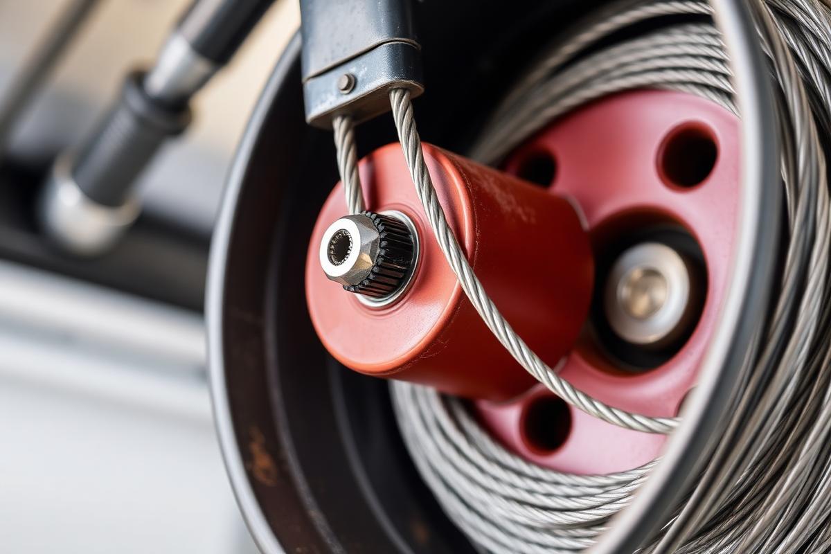 Technician repairing garage door cables on a residential garage in Cape Cod